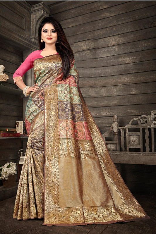 Alluring Multicolor Floral Weaving Banarasi Silk Festive Saree With Blouse